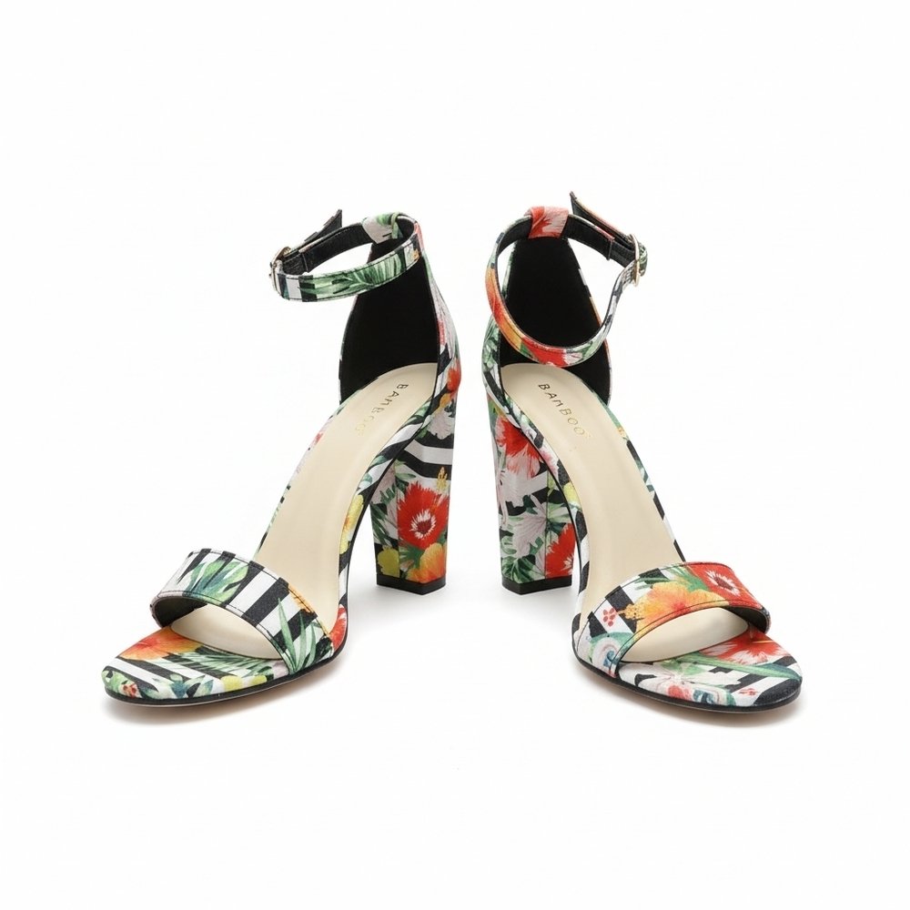 EUC ​Bamboo Tropical Floral & Striped Ankle Strap Block Heels - Size 10! - Picture 4 of 16